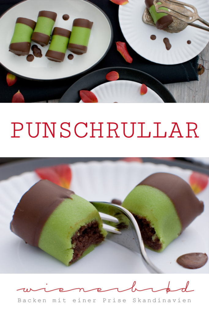 Punschrullar, schwedische Schokokuchen-Röllchen mit grünem Marzipan und Arrack / Punschrullar, Swedish chocolate cake rolls with green marcipan and arrack [wienerbroed.com]