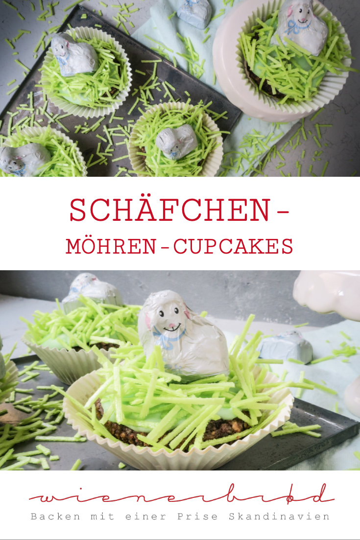 Schäfchen-Möhren-Cupcakes, saftige kleine Möhrenkuchen mit grasenden Schäfchen als Deko, nicht nur zu Ostern ein Hingucker / Sheep carrot cupcakes, juicy small carot cakes with sheeps on top, not only for Easter [wienerbroed.com]