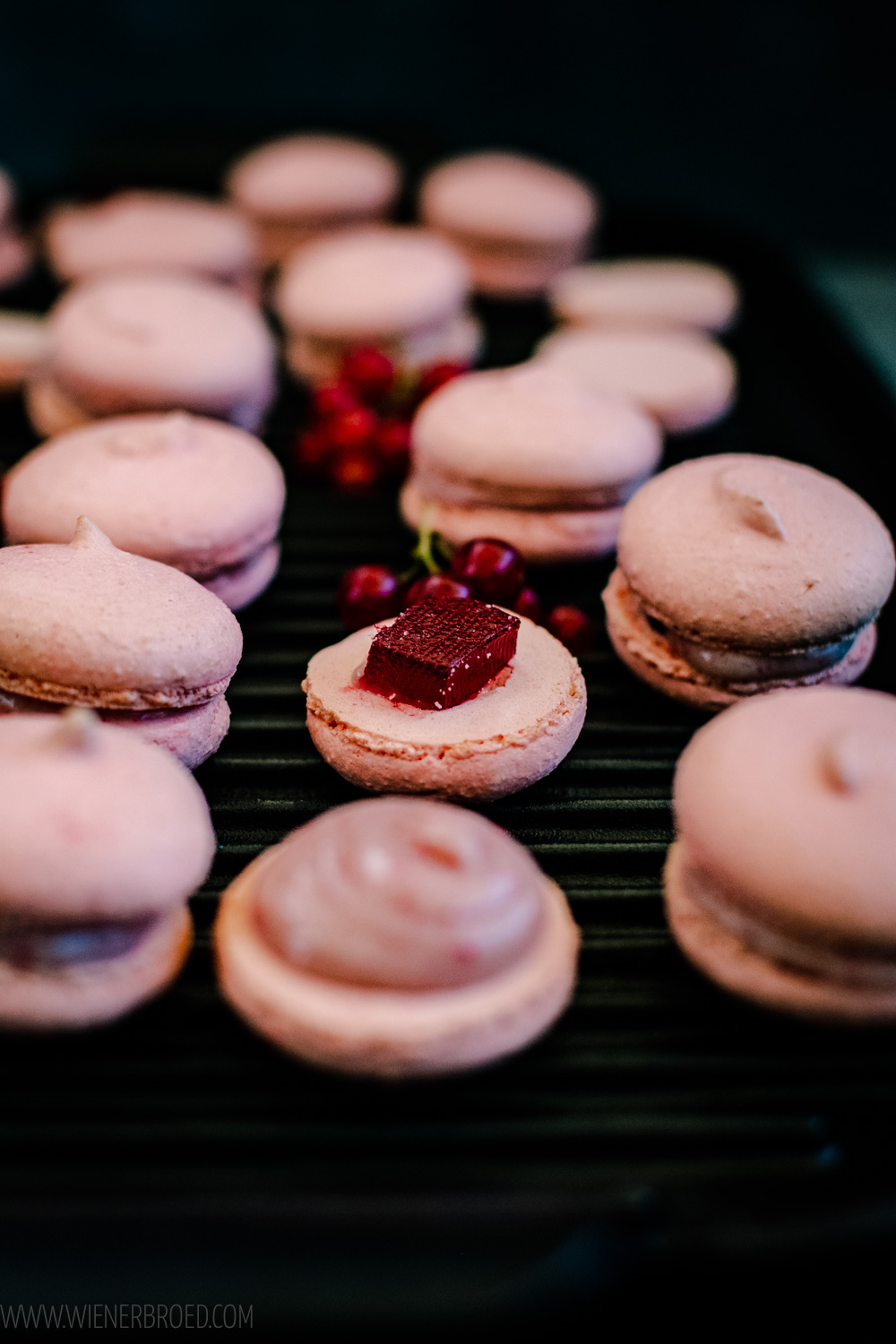 Johannisbeer-Macarons, zarte Macarons mit süßer Ganache und Gelee aus sauren roten Johannisbeeren / Currant macarons, tender macarons with sweet ganache and sour red currants [wienerbroed.com]