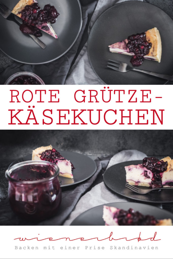 Rote Grütze-Käsekuchen, leckerer klassischer Käsekuchen mit Quark und roter Grütze im und auf dem Kuchen  / German cheesecake with red berry jelly [wienerbroed.com]