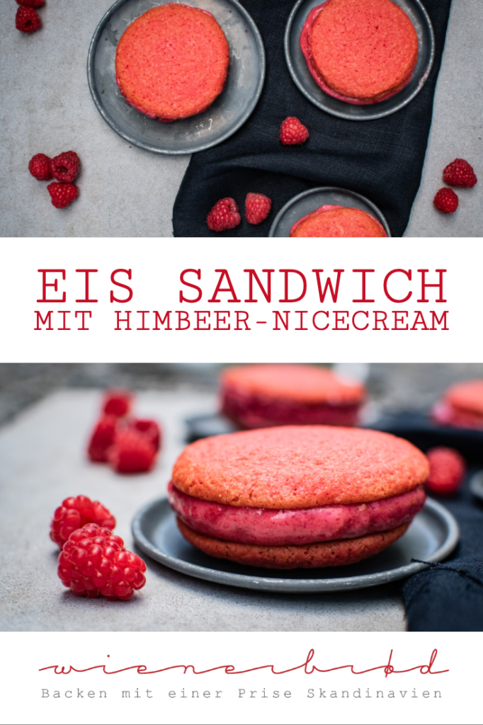 Eis-Sandwich, knusprige pinke Cookies gefüllt mit Himbeer-Nicecream / Pink nicecream cookie sandwich [wienerbroed.com]