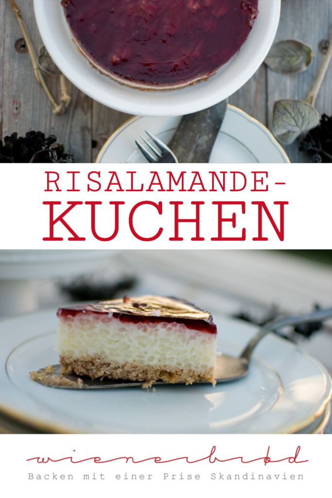 Risalamande-Kuchen, ein Kuchen aus dem traditionellen dänischen Weihnachtsdessert (auch Ris á l‘amande oder Risengrødt) / Ris a l'amande cake, a ceke made of the traditional Danish Christmas dessert rice pudding with almonds [wienerbroed.com]