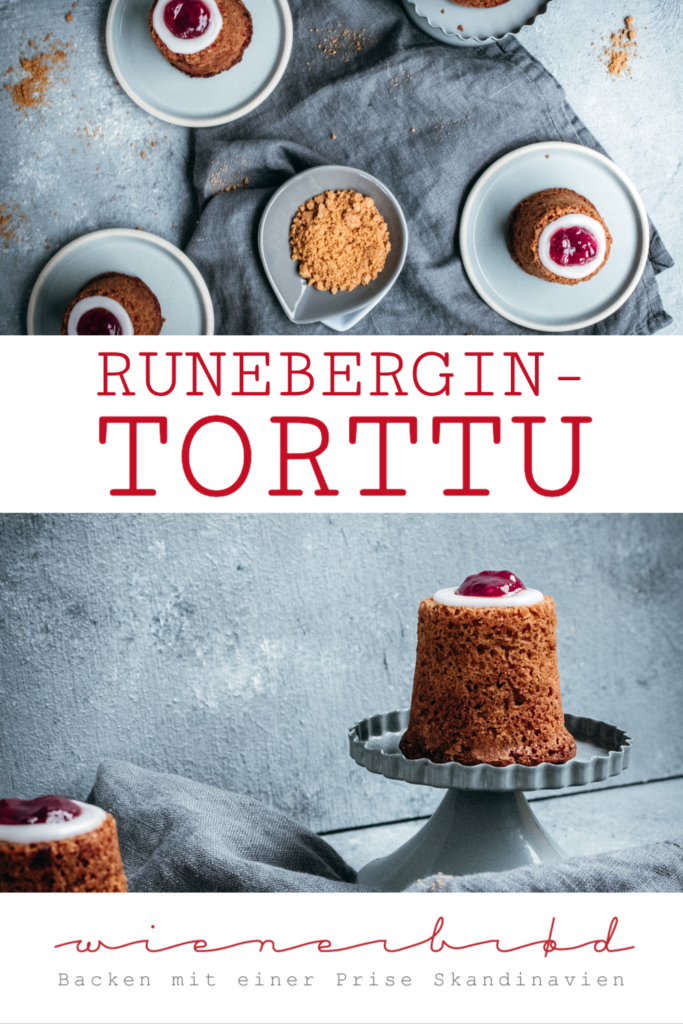 Rezept für Runebergintorttu, typisch finnisches Runeberg-Törtchen, kleine Rührteigküchlein mit Mandeln, Lebkuchen-Bröseln, Zuckerguss und Himbeer-Marmelade / Runeberg’s cakes, typical Finnish little cake with almonds, gingerbread crumbs, icing and raspberry jam [wienerbroed.com]