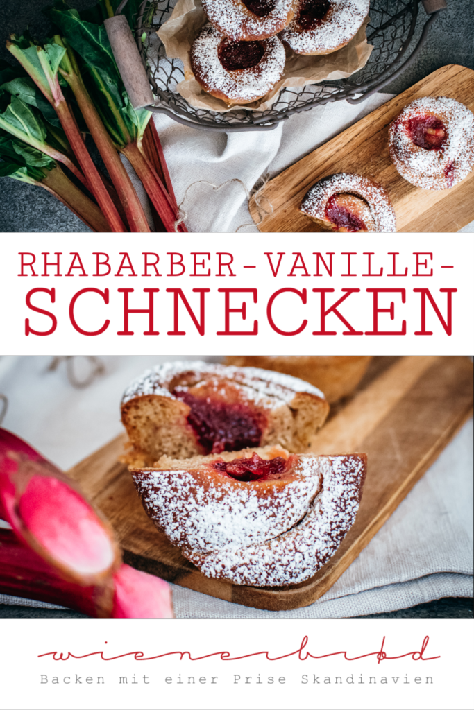 Rezept für Rhabarber-Vanille-Schnecken, saftige Hefeteig-Schnecken mit Vanillecreme und Rhabarberkompott nach My Feldt und Rezension von „Apfelduft & Heidelbeerdickicht“/ Rhubarb vanilla buns [wienerbroed.com]