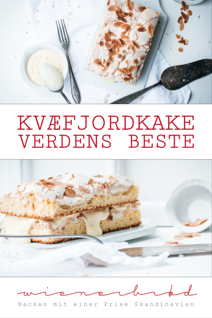 Rezept für Kvæfjordkake, den norwegischen Nationalkuchen, fluffiger Biskuit, zartes Baiser, Mandeln und Vanillecreme. Auch bekannt als „Verdens beste“, weltbester Kuchen (Kvaefjordkake) / Norwegian Kvæfjord Cake, World’s Best Cake [wienerbroed.com]