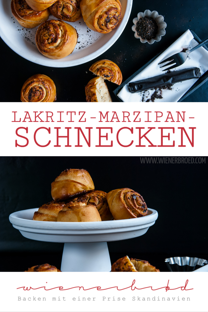 Rezept für Lakritz-Marzipan-Schnecken, fluffige Hefeteigschnecken mit einer saftigen Füllung aus Marzipan und Lakritz / Licquorice marcipan buns [wienerbroed.com]