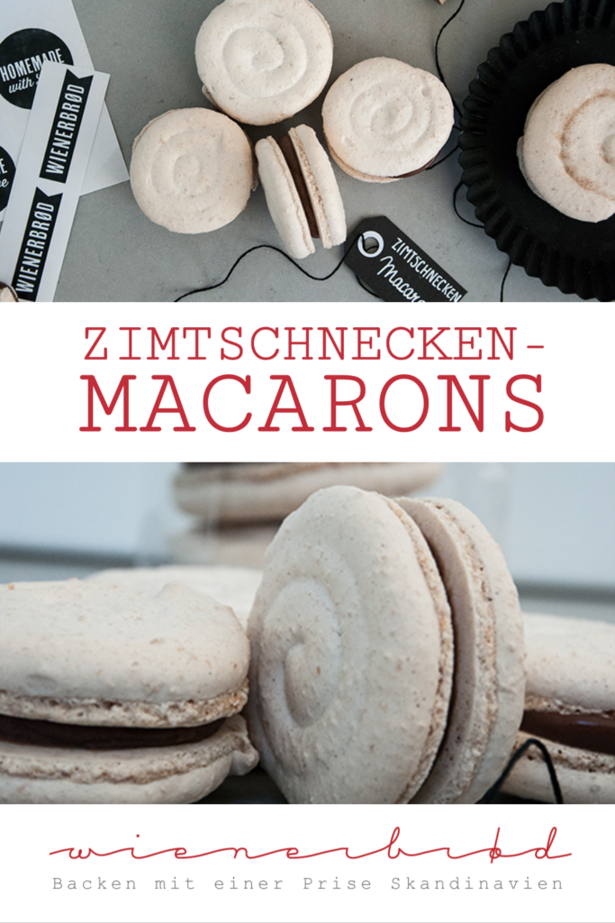 Rezept für Zimtschnecken-Macaron-Schnecken, das typisch nordische Gebäck in feinem französischen Mandel-Baiser-Gebäck / Cinnamon bun macarons [wienerbroed.com] 