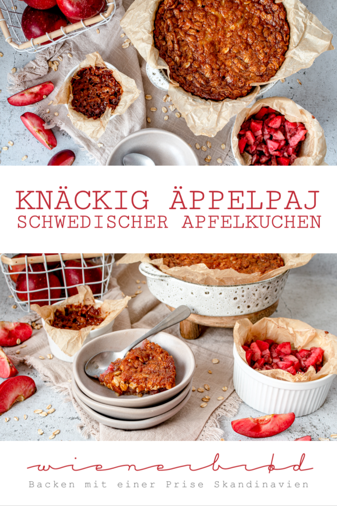 Rezept für Knäckig Äppelpaj, schwedischem Apfelkuchen aka Krumple mit Haferflocken-Karamell-Topping [wienerbroed.com]