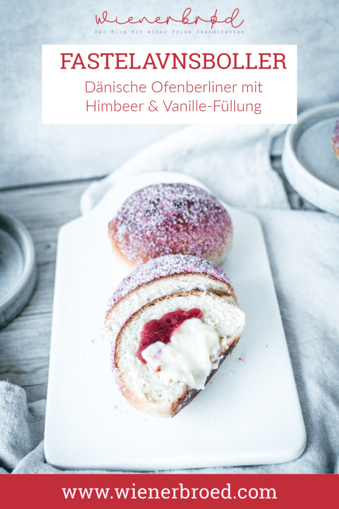 Rezept für Fastelavnsboller mit Himbeeren und Vanille-Füllung [wienerbroed.com]